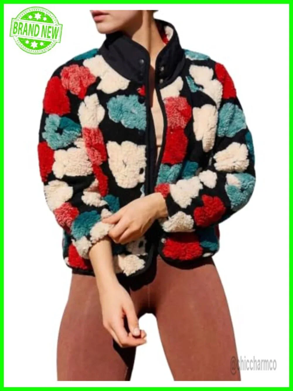 Women's Floral Fleece Shacket Button Down Sherpa Fall Winter Jacket
